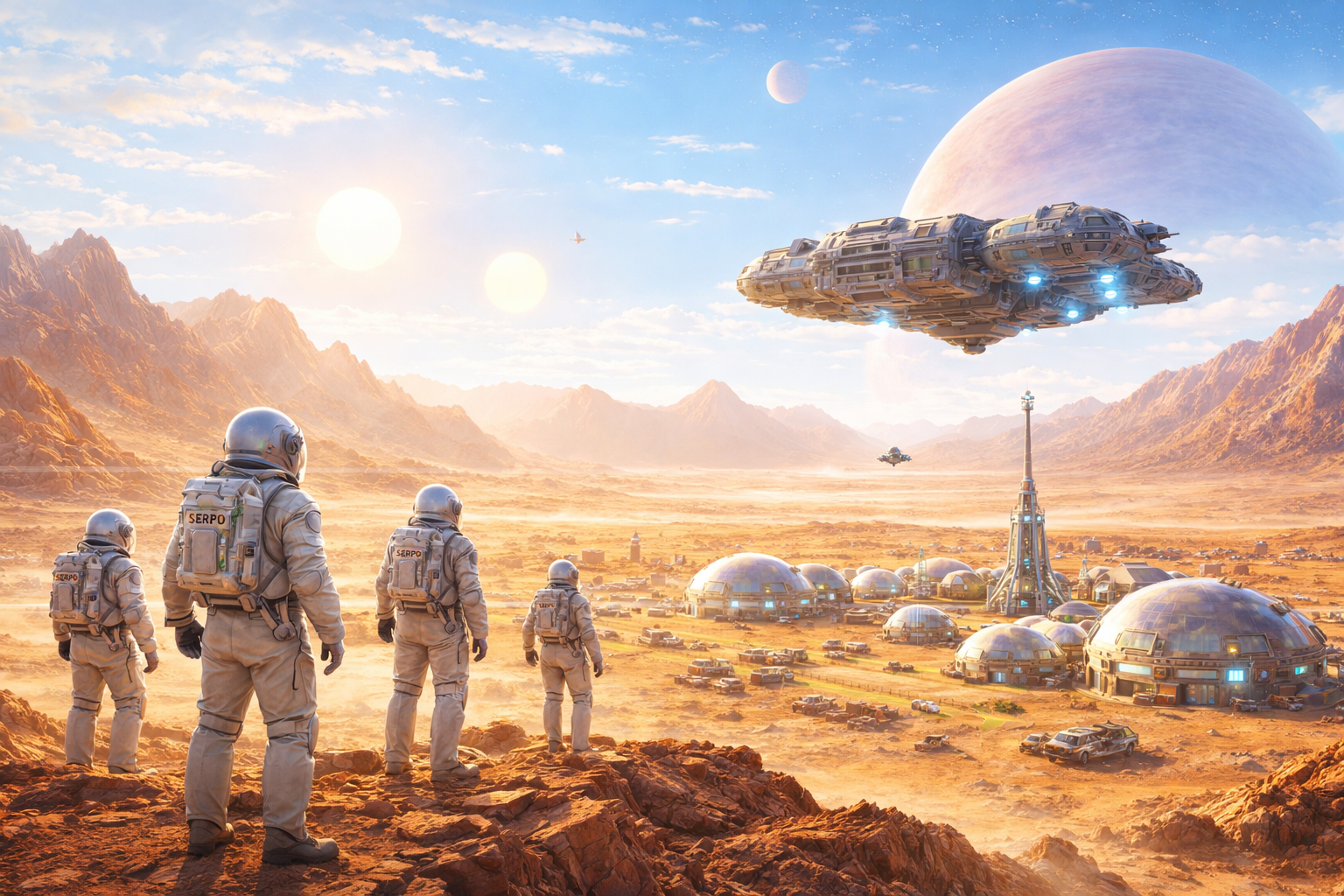 Space exploration scene with astronauts on a Mars-like planet and a UFO in the sky.